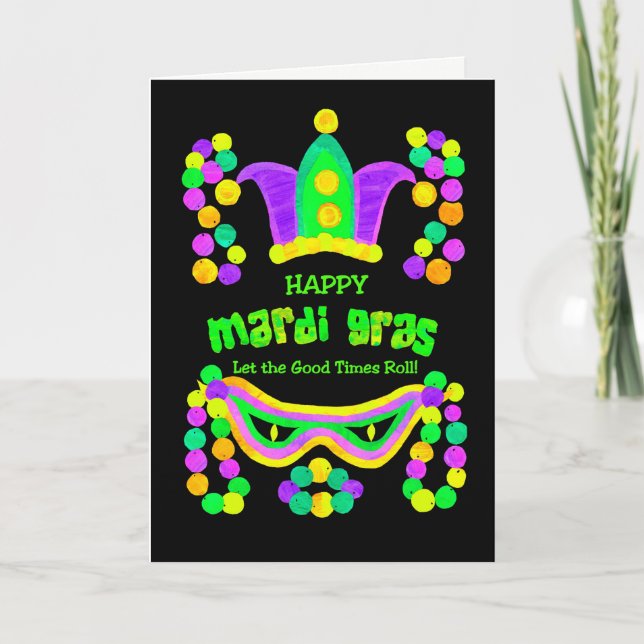 Bright Mardi Gras Card on Black, Crown Mask Beads (Front)