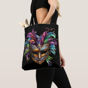 BRIGHT MARDI GRAS MASK WITH FEATHERS TOTE BAG