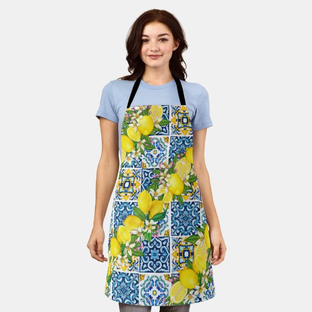 Bright Mediterranean Sicilian Tiles Citrus Lemons Apron (Worn)