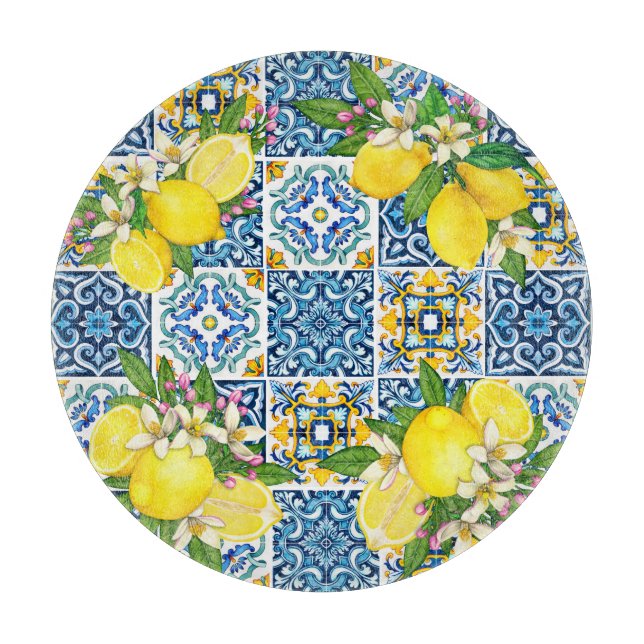 Bright Mediterranean Sicilian Tiles Citrus Lemons Cutting Board (Front)