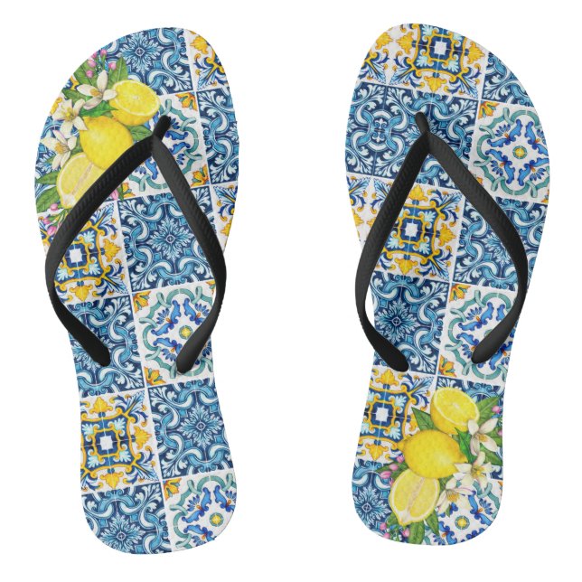 Bright Mediterranean Sicilian Tiles Citrus Lemons Jandals (Footbed)