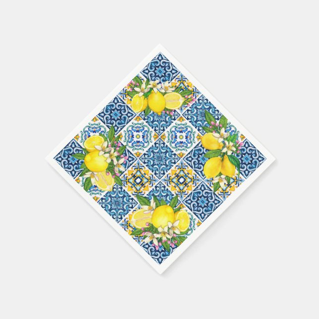 Bright Mediterranean Sicilian Tiles Citrus Lemons  Napkin (Corner)