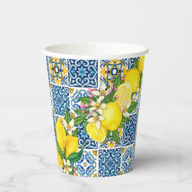 Bright Mediterranean Sicilian Tiles Citrus Lemons Paper Cups (Left)