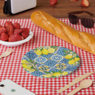 Bright Mediterranean Sicilian Tiles Citrus Lemons Paper Plate