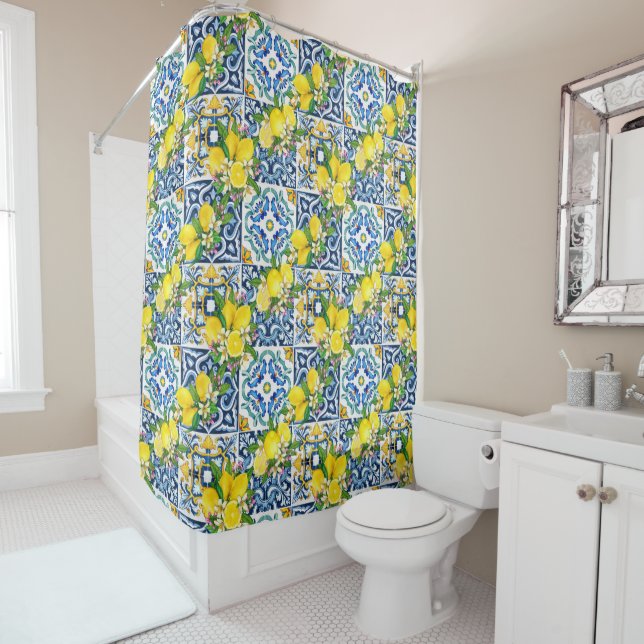 Bright Mediterranean Sicilian Tiles Citrus Lemons  Shower Curtain (In Situ)