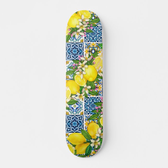 Bright Mediterranean Sicilian Tiles Citrus Lemons Skateboard (Front)