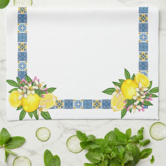 Bright Mediterranean Sicilian Tiles Citrus Lemons Tea Towel (Folded)