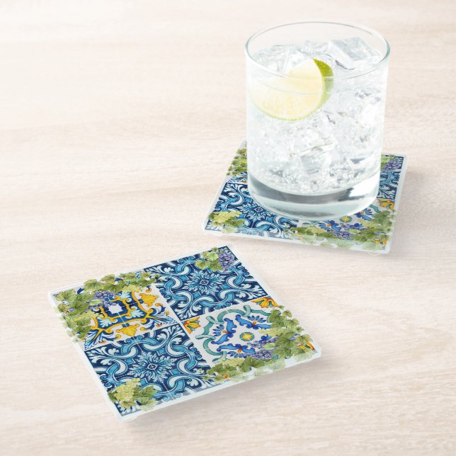 Bright Mediterranean Sicilian Tiles Grape Vine Glass Coaster (Angled)