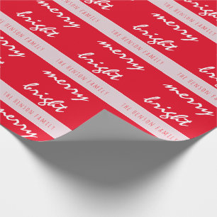 Bright Merry Script Red Christmas Family Name Wrapping Paper