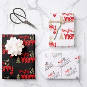 Bright Merry Typography Red Black Gold Christmas Wrapping Paper Sheet