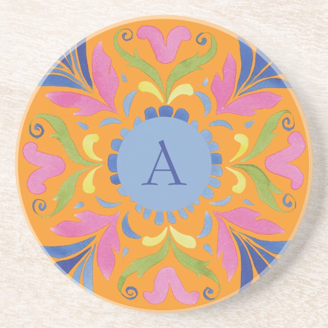 Bright Mexican Floral Monogram Sandstone Coaster (Front)