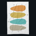 Bright Mid Century Guitar Picks on Lines Tea Towel<br><div class="desc">This darling mid century kitchen towel features 4 teardrop guitar pick shapes on black lines,  in turquoise,  orange,  tan,  and gold. If you're looking for a style to liven up the front of your oven - this is it!</div>