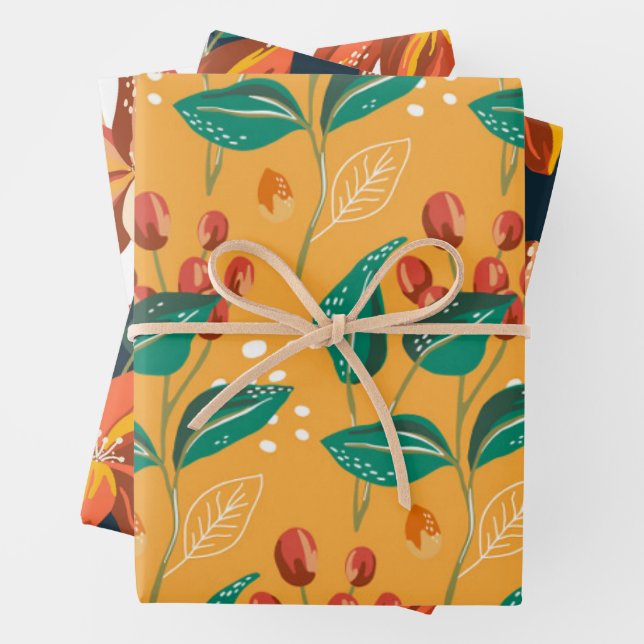 Bright modern floral and leaves botanical pattern wrapping paper sheet (In situ)
