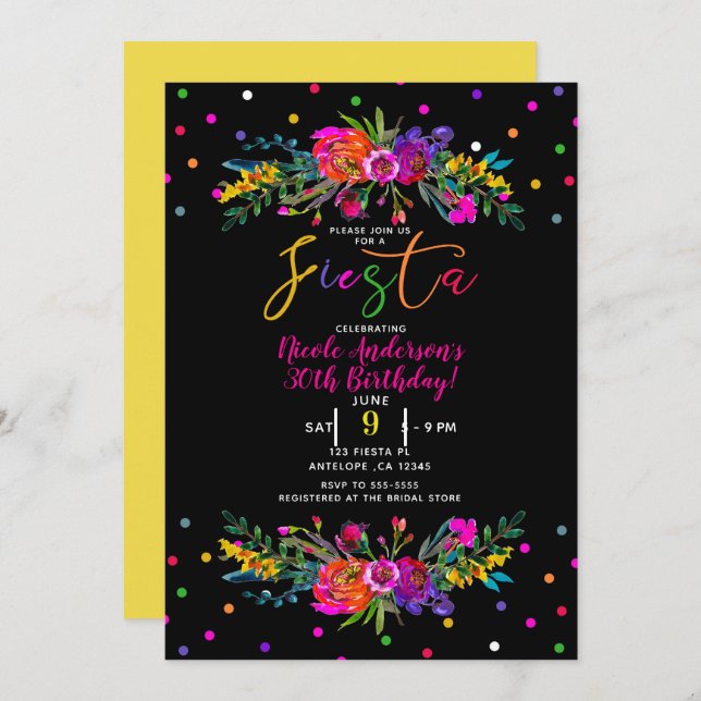 Bright Modern Floral & Black Fiesta Birthday Party Invitation (Front/Back)