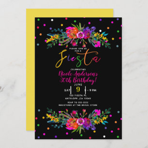 Bright Modern Floral & Black Fiesta Birthday Party Invitation