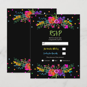 Bright Modern Floral & Black Fiesta RSVP reply Invitation