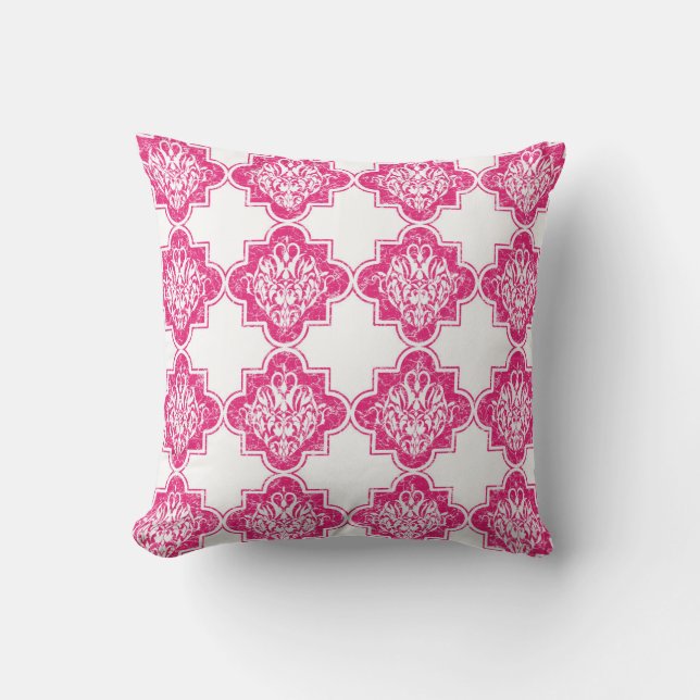 Bright Modern Vintage Arabesque Tile Pattern Pink Cushion (Front)