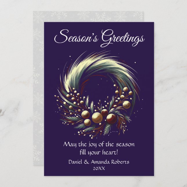 Bright, Modern Wreath, Against Purple Background Holiday Card (Front/Back)