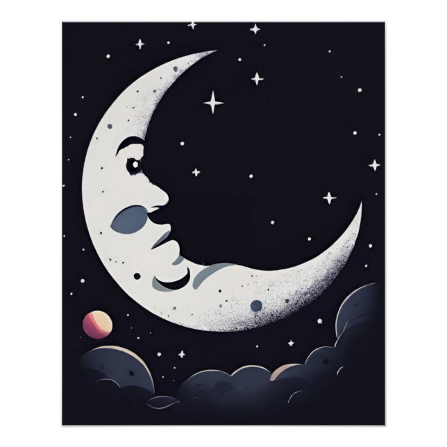 Bright moon face in dark sky poster (Front)
