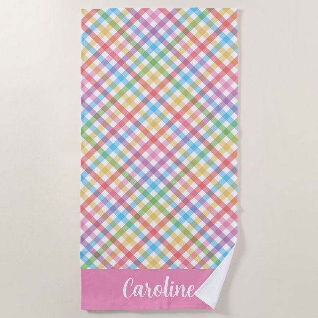 Bright Multi Colour Gingham Personalised Beach Towel (Front)