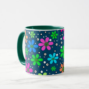 Bright multi-coloured chamomile flowers on a blue mug