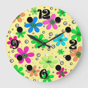 Bright multi-coloured chamomile flowers on a yello large clock