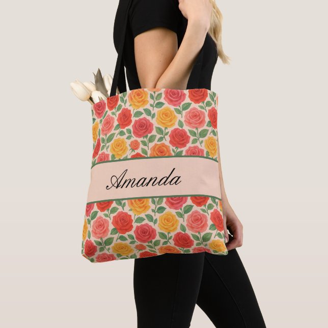 Bright Multicolor Rose Name Pattern Tote Bag (Close Up)