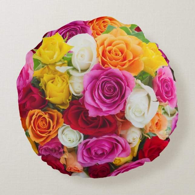 Bright Multicolor Rose Print Round Pillow (Back)