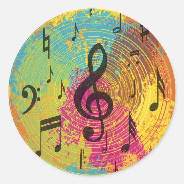 Bright Music Notes on Explosion of Colour Classic Round Sticker (Front)