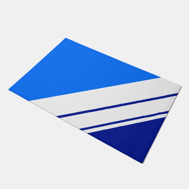 Bright Nautical Blues Sporty White Racing Stripes Doormat (Angled)