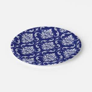 Bright Navy Blue Damask Pattern Paper Plate