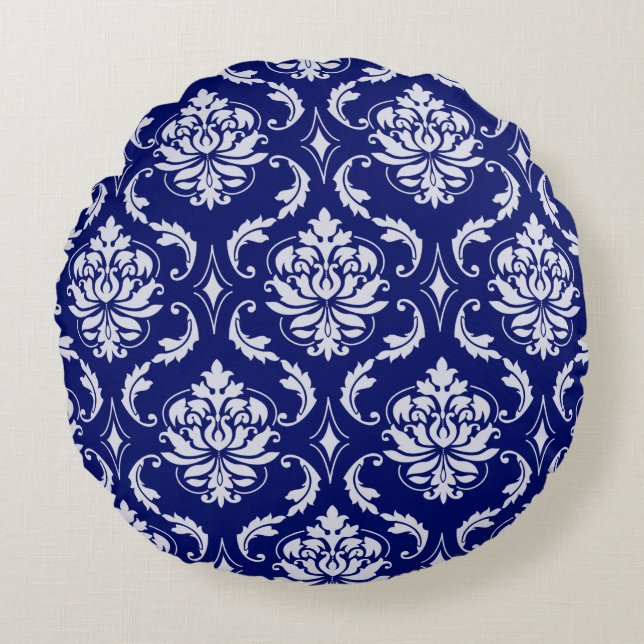 Bright Navy Blue Damask Pattern Round Cushion (Front)