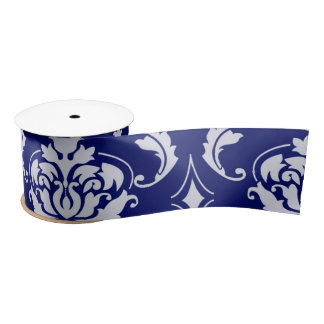 Bright Navy Blue Damask Pattern Satin Ribbon