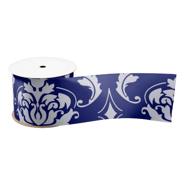 Bright Navy Blue Damask Pattern Satin Ribbon (Spool)