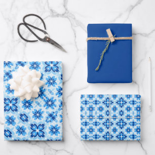 Bright Navy, Blue & White Tile Pattern Wrapping Paper Sheet