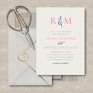 Bright Navy Pink Simple Monogram Wedding Invitation