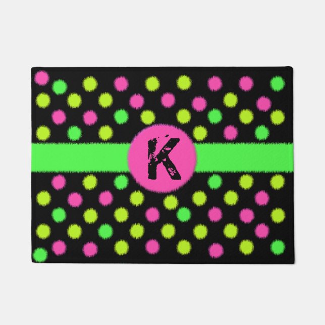 Bright Neon Coloured Polka Dot Monogram Door Mat (Front)