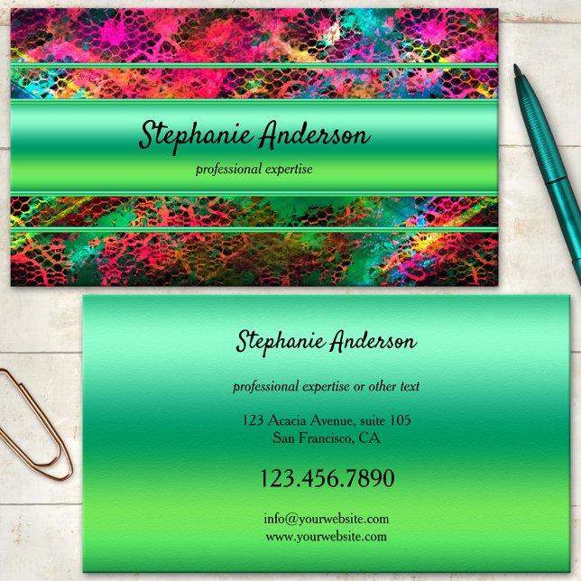 Bright Neon Colourful Green Business Card (A colorful business card featuring an eye catching neon abstract design with green stripes)
