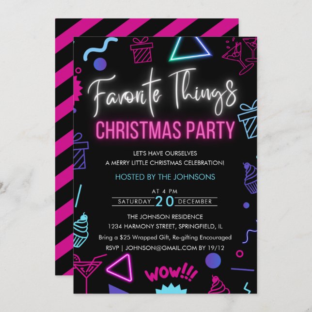 Bright Neon Favourite Things Christmas Party Invitation (Front/Back)