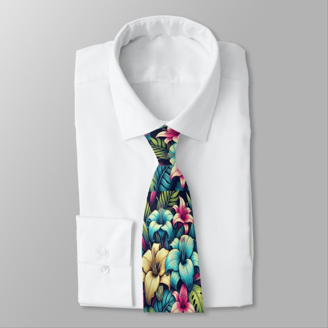 Bright Neon Floral Burst in Tropical Setting Tie (Tied)