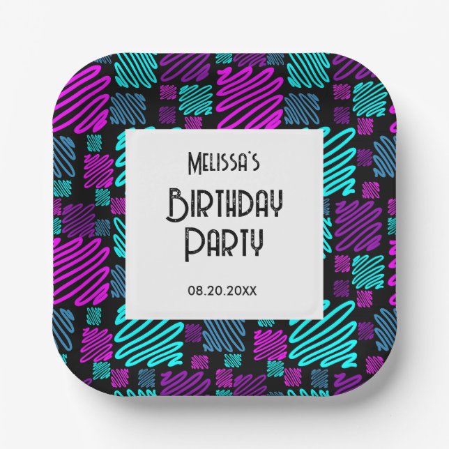 Bright Neon Geometric Pattern Black Birthday Paper Plate (Front)