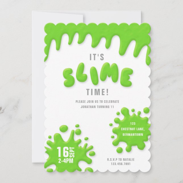 Bright neon green slime party invitation (Front)