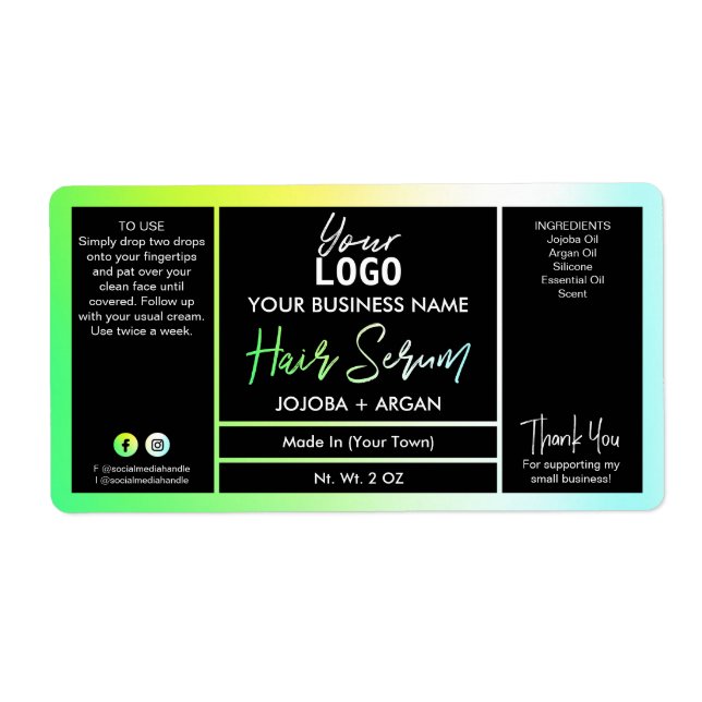Bright Neon Holographic Green Hair Serum Labels (Front)