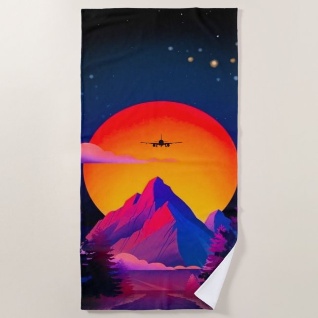 Bright Neon Mountains Sunrise Aeroplane Beach Towel (Front)