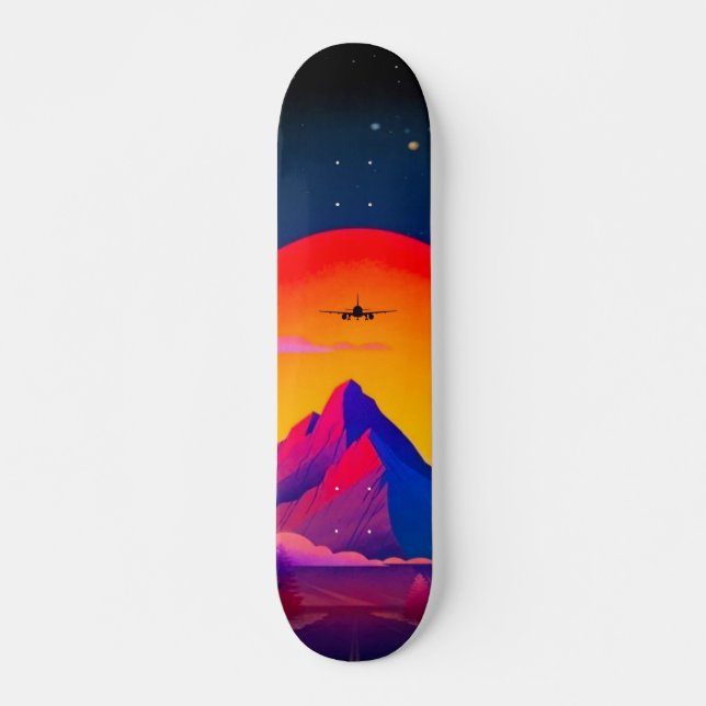 Bright Neon Mountains Sunrise Aeroplane Skateboard (Front)