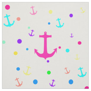 Bright Neon Nautical Anchors Polka Dots Pattern Fabric