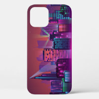 Bright neon night cityscape, vintage.