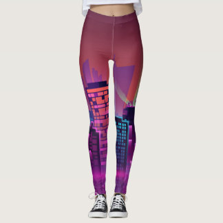 Bright neon night cityscape, vintage. leggings