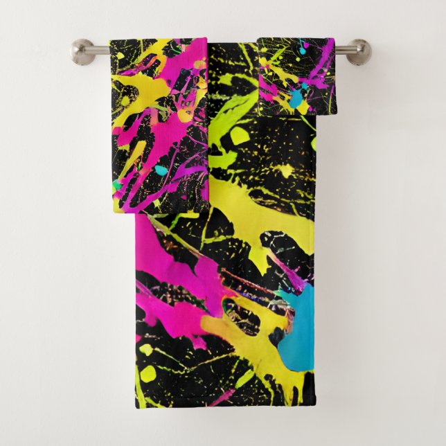 Bright Neon Paint Splatter Bath Towel Set (Insitu)