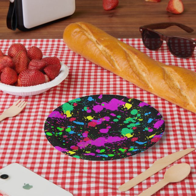 Bright Neon Paint Splatter Pattern Custom Paper Plate (Picnic)